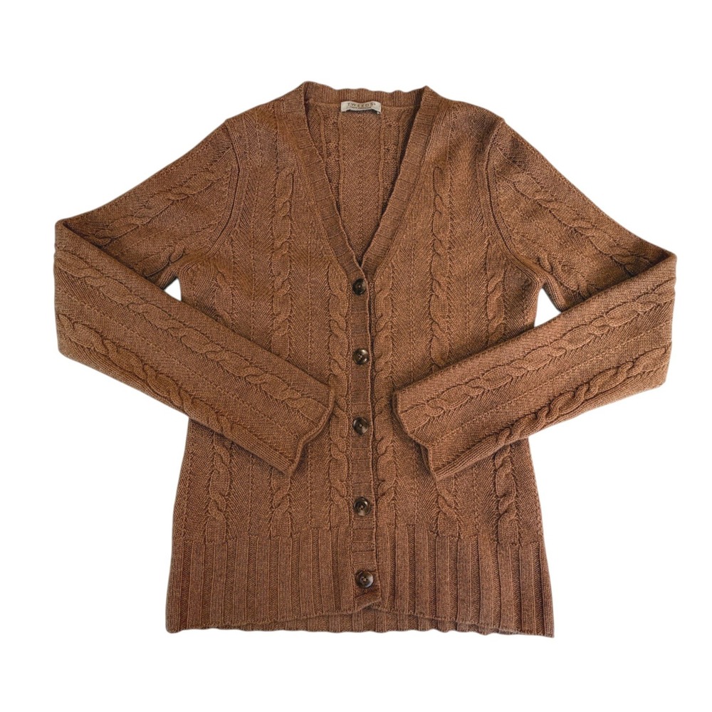 Tweeds Brown 100% Cashmere Cable Knit V-Neck Button Front Cardigan Sweater